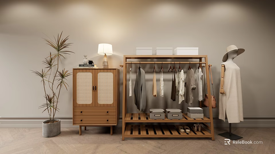 Wooden Clothes Rack With Hanging Clothes Side Cabinet Table Lamp Potted Plant And Storage Boxes 3d model 
