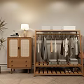 Wooden Clothes Rack With Hanging Clothes Side Cabinet Table Lamp Potted Plant And Storage Boxes