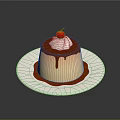 Delicious Smooth Cream Dessert Topped With Whipped Cream Cherry And Chocolate Sauce On White Plate