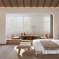 Serene Hotel Guest Room With Wooden Ceiling Stone Wall And Tropical Plant Mural