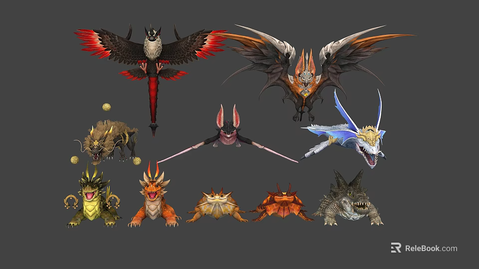 Various Types Of Mythical Flying Creatures With Unique Wing And Body Designs 3d model 