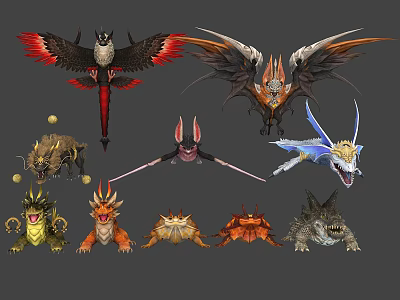 Various Types Of Mythical Flying Creatures With Unique Wing And Body Designs 3d model
