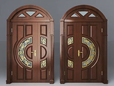 Dark Wood Double Door With Golden Decorations And Arched Top Windows 3d model