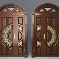 Dark Wood Double Door With Golden Decorations And Arched Top Windows