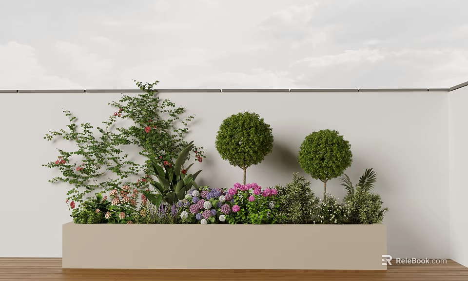 Lush Plant Combination with Round Shrubs Flowering Plants and Vines in Long Rectangular Planter 3d model 