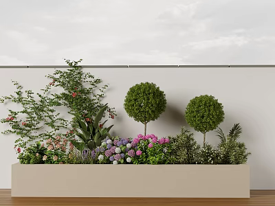 Lush Plant Combination with Round Shrubs Flowering Plants and Vines in Long Rectangular Planter 3d model