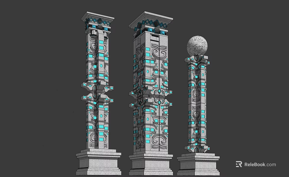 Modern Decorative Columns With Blue Illuminated Patterns And Spherical Top Design 3d model 