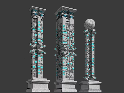 Modern Decorative Columns With Blue Illuminated Patterns And Spherical Top Design 3d model