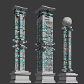 Modern Decorative Columns With Blue Illuminated Patterns And Spherical Top Design 3d model
