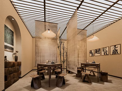 Traditional Tea House Interior With Arched Doorway Slatted Ceiling Pendant Lights And Calligraphy Decorations 3d model