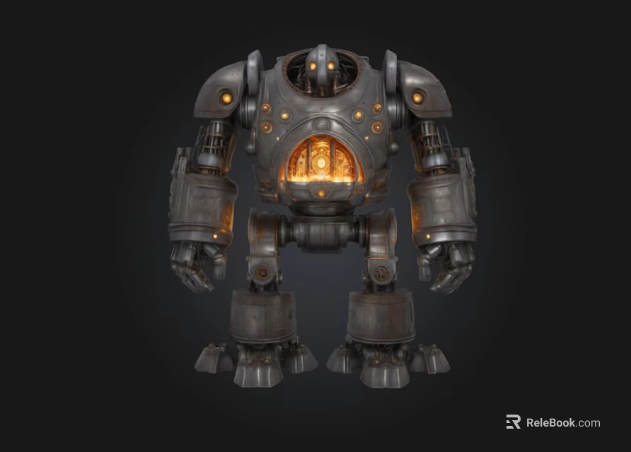 Steampunk Industrial Robot With Metallic Body Glowing Core And Mechanical Details 3d model 