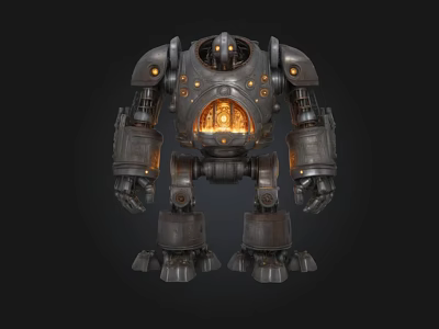 Steampunk Industrial Robot With Metallic Body Glowing Core And Mechanical Details 3d model