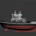 Detailed Tugboat Model With Black Red Hull Upper Deck And Antenna On Reflective Surface