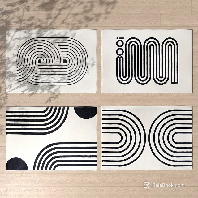 Stylish Black and White Square Rugs with Various Geometric Patterns 3d model