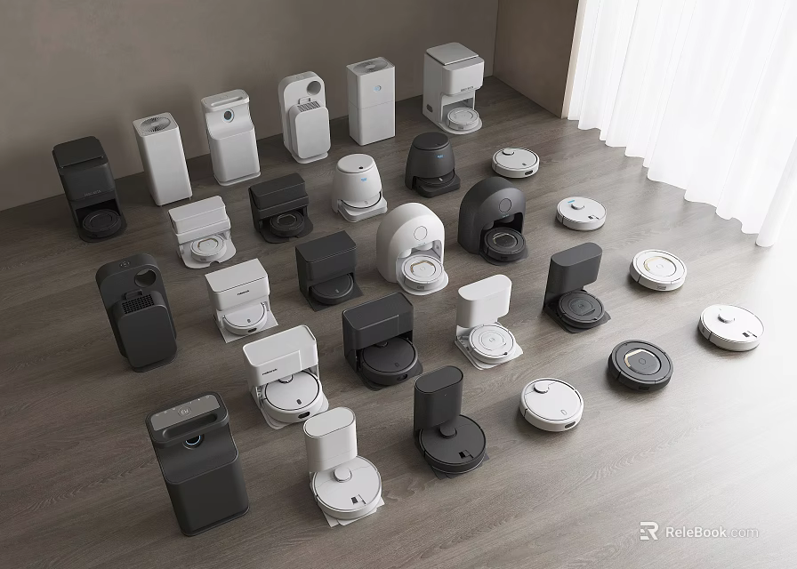 Small Smart Machines Various Styles Black And White Colors On Wooden Floor With White Curtains 3d model 