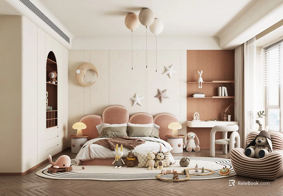 Whimsical Kids Room With Balloon Pendant Lights Pink Headboard Star Moon Decor Stuffed Toys 3d model 