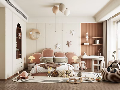 Whimsical Kids Room With Balloon Pendant Lights Pink Headboard Star Moon Decor Stuffed Toys 3d model
