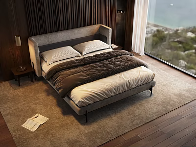 Cozy Double Bed With Gray Headboard White Pillows Dark Quilt Wooden Wall Large Window Sea View 3d model