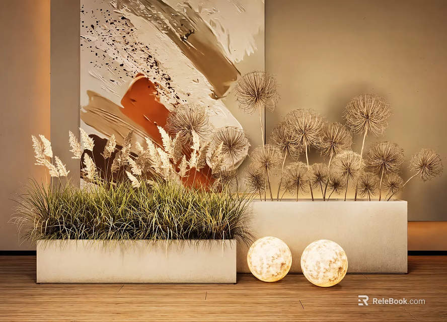 Plant Combination With Green Grass And Dandelion Plants In Rectangular Planters On Wooden Floor 3d model 