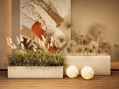 Plant Combination With Green Grass And Dandelion Plants In Rectangular Planters On Wooden Floor 3d model