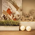 Plant Combination With Green Grass And Dandelion Plants In Rectangular Planters On Wooden Floor
