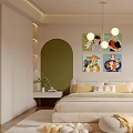 Kids Room Interior With Soft Bed Cartoon Paintings Round Chandelier And Cozy Rug