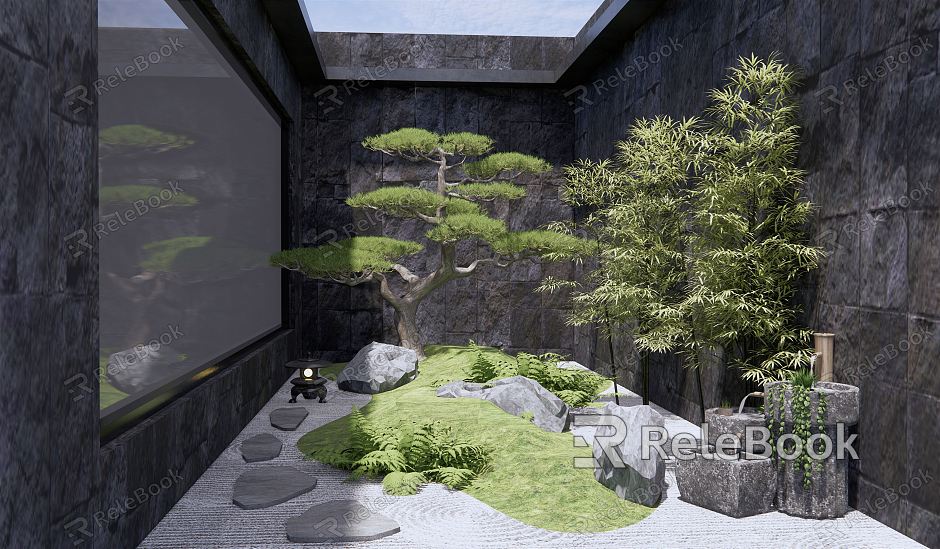 New Chinese style landscape sketch courtyard landscape sketch atrium open well landscape stone sketch welcome pine withered landscape stone Zen landscape model