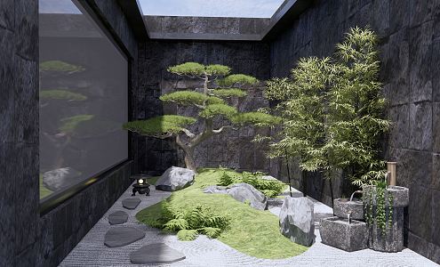 New Chinese style landscape sketch courtyard landscape sketch atrium open well landscape stone sketch welcome pine withered landscape stone Zen landscape 3d model