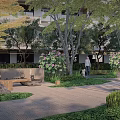 Residential Landscape With Trees Stone Pathways Wooden Benches And Lush Greenery