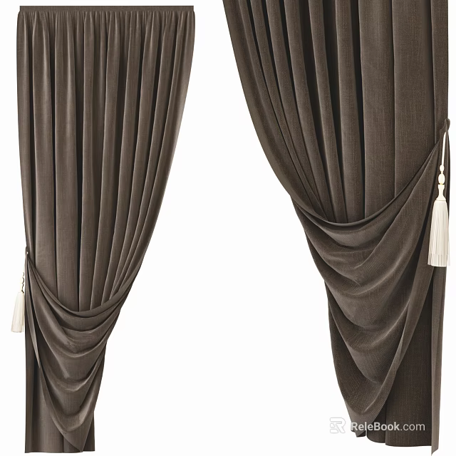 Dark Brown Velvet Curtains With Pleated Design And Tassel Accents For Home 3d model 