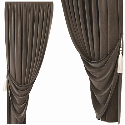 Dark Brown Velvet Curtains With Pleated Design And Tassel Accents For Home 3d model