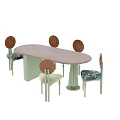 Stylish Oval Dining Table with Round Back Chairs Green Legs and Patterned Seats