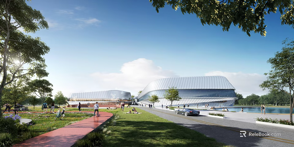 Modern Curved Roof Building With Green Lawn Pedestrians And Outdoor Space Area 3d model 