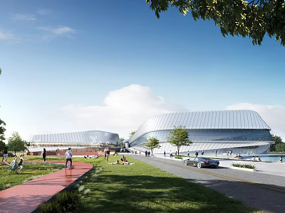 Modern Curved Roof Building With Green Lawn Pedestrians And Outdoor Space Area 3d model