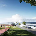 Modern Curved Roof Building With Green Lawn Pedestrians And Outdoor Space Area