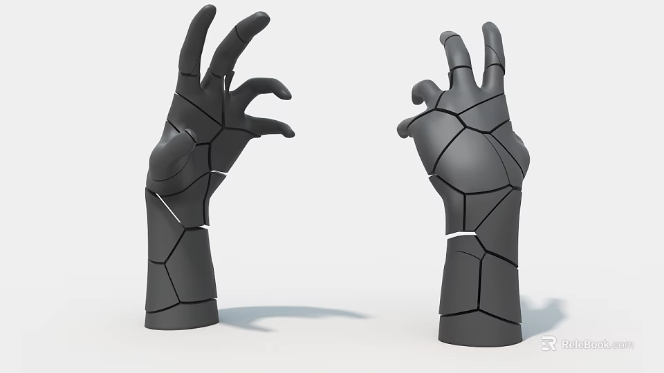 Two Black Mechanical Arms With Cracked Design On White Background 3d model