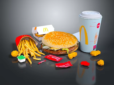 McDonald's Fast Food Assortment with Hamburger French Fries Chicken Nuggets Drink and Sauce Packets 3d model