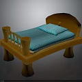 Wooden Children's Bed With Tree Stump Shaped Legs Blue Striped Mattress And Pillow