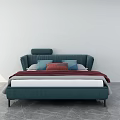 Green Upholstered Double Bed with Blue Red Pillows and White Bed Sheets 3d model