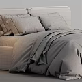 Cozy Modern Double Bed With Soft Gray Comforter Dark Blanket And Upholstered Headboard
