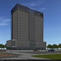 Modern Urban Office Building with Glass Facade and Tall Structure Surrounded by Greenery and Roads