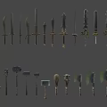Collection of various types of melee weapons including swords axes and hammers