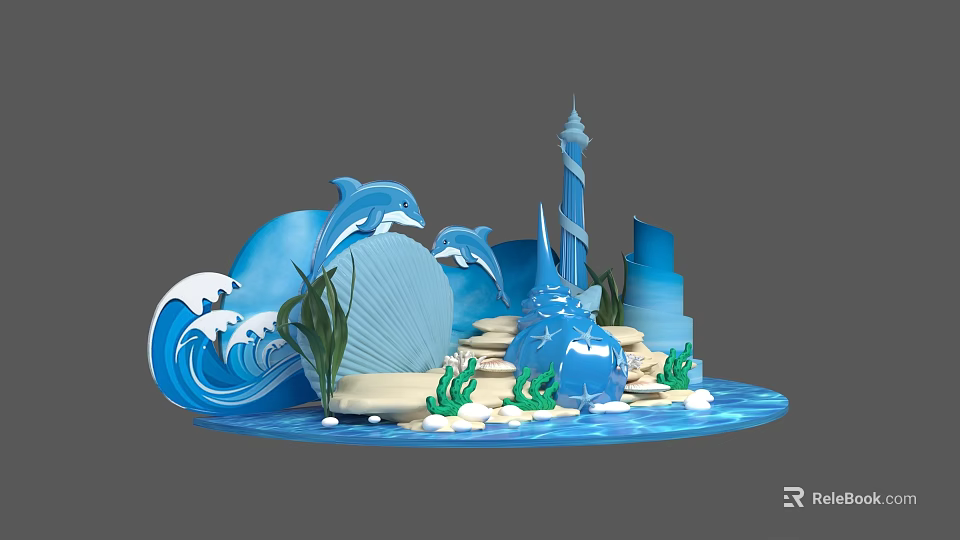 Ocean Themed Decorative Model Featuring Dolphins Waves Seashell Lighthouse And Seaweed 3d model 