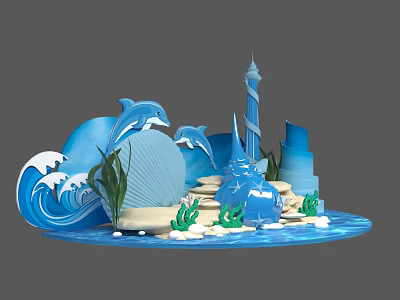 Ocean Themed Decorative Model Featuring Dolphins Waves Seashell Lighthouse And Seaweed 3d model