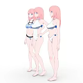 Three Anime Game And Movie Characters With Pink Hair In Swimwear Standing Together