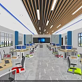 Modern Classroom Interior With Computer Workstations Blue Pillars Wooden Ceiling And Large Screen