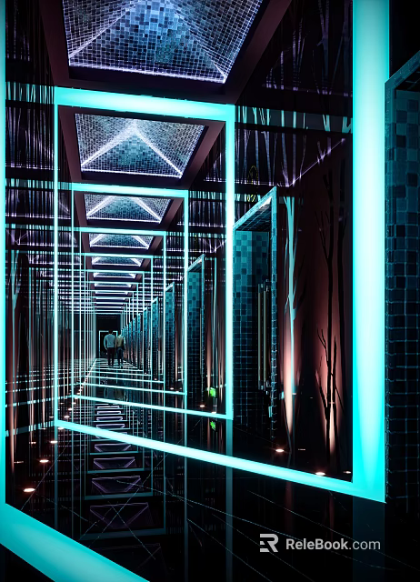 KTV Interior Design With Futuristic Mirrored Corridor Blue Lighting And Geometric Structures 3d model 
