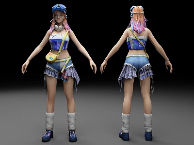 3D Character Model Front Back Views Pink Hair Blue Cap Yellow Bag White Socks 3d model