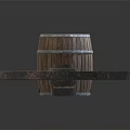 Vintage Wooden Wheel Display With Wooden Crate And Barrel On Gray Surface