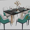 Dining Table Set with Black Tabletop Golden Legs and Turquoise Chairs with Gold Leaf Patterns 3d model